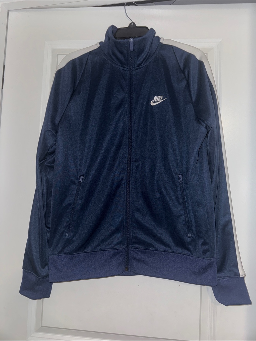 Nike Men's Dark Blue Track Jacket with White Stripes